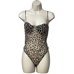 21 Saints Leopard Print Sheer  Mesh Bodysuit, Brown, Sz. L